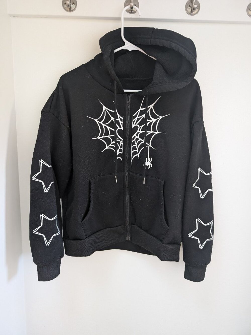 Shein Black Spider Web and Stars Themed Full Zip Hoodie - Size Small